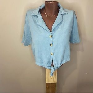 Women’s light blue button down cropped top, size medium